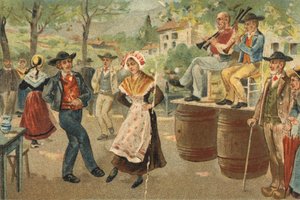 Alte Tradition in der Auvergne: Die Boje während des Festes des Heiligen Johannes. Chromolithographie aus dem späten 19. Jahrhundert. von Unknown artist