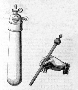 Links ein Behälter, der für das erste Experiment des Wasserhammers verwendet wird (rechts dargestellt), um zu demonstrieren, dass Flüssigkeiten im Vakuum wie eine feste Masse fallen. Gravur von Unknown artist