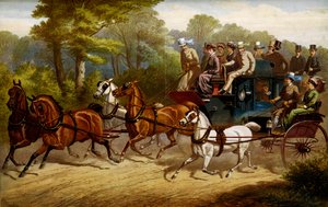 Auf dem Weg zum Derby. Fiaker und Omnibus, gezogen von Pferden, auf dem Weg zu einem Derby