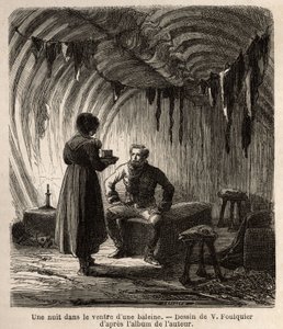 Eine Nacht im Bauch eines Wals, der Autor wird während seiner Reise in einem Boer, dem Zuhause von Fischern, empfangen, dessen Rahmen und Möbel aus dem Skelett des riesigen Wals und aus den Häuten von Robben, Pferden und Hunden bestehen. Illustration der R