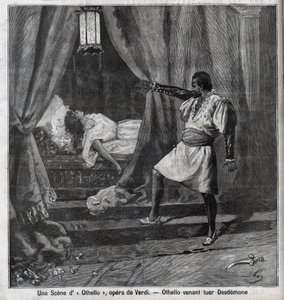 Othello hat gerade Desdemona in seinem Bett getötet. Szene aus der Oper „Othello“ von Giuseppe Verdi (1813-1901). Gravur in „Le Parisien“ von Unknown artist