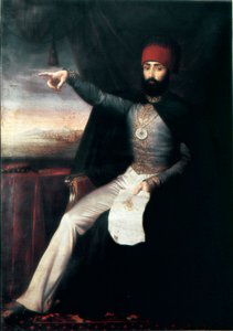 Osmanisches Reich: Porträt von Sultan Mahmud II (1784-1839). Es ist repräsentativ, dass er mit dem Finger zeigt, möglicherweise um den Befehl zur Schlachtung der Janitscharen anzuzeigen. Anonymes Ölgemälde. 1808-1839 Istanbul, Topkapi Sarayi Museum, Türkei von Unknown artist