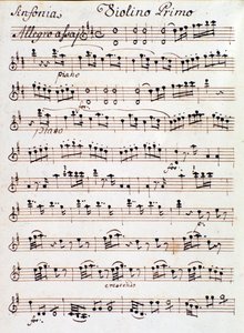 Seite der Partitur für die erste Violine der Sinfonie Nr. 4 in D, von Mozart (1765) von Unknown artist