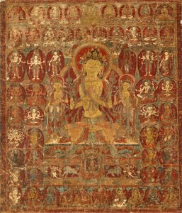 Gemaltes Banner (Thangka) des Bodhisattva Manjushri mit Vajrapani (rechts) und Padmapani (links)