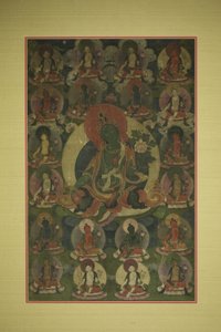 Gemaltes Banner (Thangka) von Grüner Tara umgeben von zwanzig Manifestationen von Unknown artist