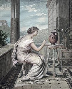 Junge griechische Frau malt eine Vase
