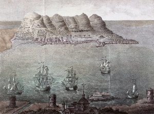 Panoramablick auf Gibraltar und die Meerenge. 19. Jahrhundert Madrid, Nationalbibliothek