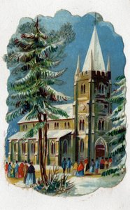 Kirchgänger auf dem Weg zur Sonntagsmesse. Chromolithographie um 1890