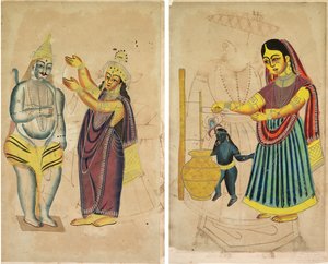 Parvati legt Shiva einen Hochzeitskranz um; Yasoda beim Butterrühren
