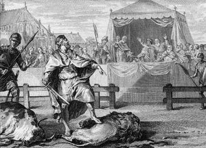 Pippin der Kurze (714-768), der neue König der Franken, beweist seinen Mut, indem er 751 in einer Arena gegen einen Löwen und einen Stier kämpft. Gravur aus dem 18. Jahrhundert
