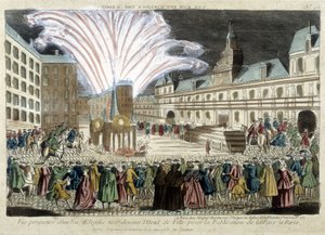 Perspektivische Ansicht eines Feuerwerks vor dem Hôtel de Ville zur Veröffentlichung des Friedens in Paris