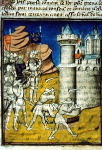 Philipp II August (1165-1223) in Chinon - Miniatur in „Grandes Chroniques de Saint-Denis“, Ende des 14. Jahrhunderts. (ref. 512, 237r) Genehmigung der Stadtbibliothek Toulouse erforderlich (tel: 05 62 27 66 66)