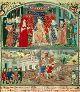 Philipp der Schöne (1268-1314) mit Pflügszene und Händlerszene. Miniatur in „Livre du régime des princes“ von Gilles de Rome (ca. 1247-1316), Paris, B N