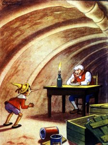 Pinocchio findet seinen Vater im Bauch eines riesigen Fisches. Illustration des Märchens von Carlo Collodi. von Unknown artist