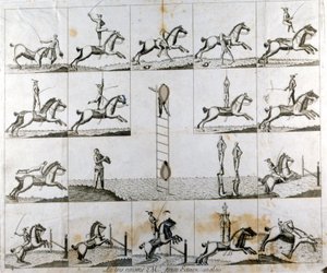 Tafel mit 19 Drucken, die die Heldentaten des englischen Voltigeurs Mr. Price darstellen. Um 1790 von Unknown artist