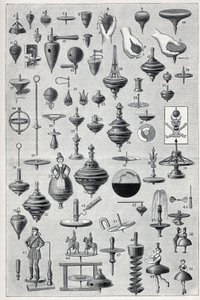 Tafel zeigt eine Sammlung von Spindeln mit verschiedenen Formen und Rotationssystemen. Gravur in „La Nature“