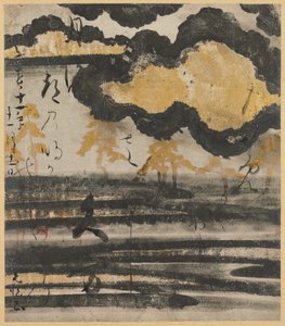 Gedichtkarte aus dem Shinkokin wakashu (Neue Sammlung japanischer Gedichte aus alter und neuer Zeit) mit Kiefernmotiv am Strand von Unknown artist