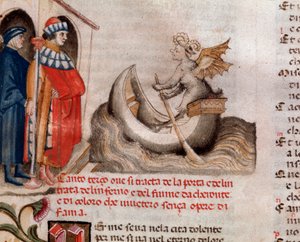 Porträt des italienischen Dichters Dante Alighieri, der Charon und sein Boot beobachtet, wie sie die Seelen über den Acheron bringen (Gesang 3 aus der Hölle, in der Göttlichen Komödie) - Miniatur 15. Jahrhundert