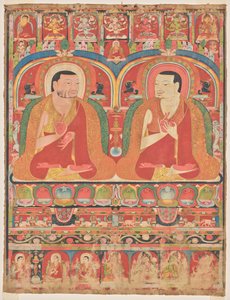 Porträts von zwei Linienmeistern des Kagyu-Ordens: Phagmo Drupa (1110–1170) und Tashipel (1142–1210)