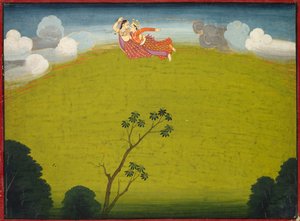 Pradyumna und Mayavati fliegen nach Dvaraka, aus dem großen Basohli Bhagavata Purana von Unknown artist