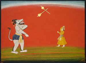 Pradyumna und Samvara kämpfen mit Keulen: Blatt aus dem "Großen Basohli Bhagavata Purana"