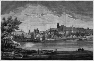 Prag, Blick auf das Kirchenviertel von St. Nikolaus de la Kleinseite und das Schlossviertel (Hradschin), das den Königspalast, 3 Kirchen, ein Kloster und den Veitsdom umfasst. In „Das illustrierte Universum“, 08.08.1866. von Unknown artist