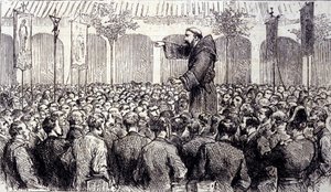 Predigt eines Kapuzinermönchs an die Pilger, die nach Lourdes in die Hohen Pyrenäen kamen, wo die Jungfrau Maria 1858 Bernadette Soubirous (1844-1879) erschien, heute ein Wallfahrtsort. Gravur von 1877 von Unknown artist