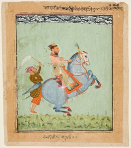 Prinz Mathu Singh von Jatoli auf einem blauen Pferd reitend nach Udaipur von Unknown artist