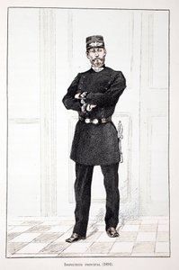 Hauptinspektor (1894). Farbradierung zur Illustration „Histoire du corps des gardiens de la paix“, Buch veröffentlicht unter der Schirmherrschaft von Louis Lepine (1846-1933), Polizeipräfekt der Seine, von Alfred Rey (1864-?) und Louis Feron (1862-?). von Unknown artist