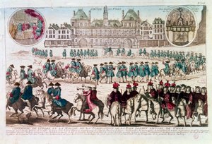 Prozession anlässlich der Friedensverkündungszeremonie vor dem Rathaus (Place de Grève). Gravur des 18. Jahrhunderts. B.N. Paris