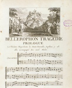 Prolog von „Bellerophon“, lyrische Tragödie in fünf Akten mit einem Prolog von Jean Baptiste Lully (Giovanni Battista Lulli) (1632-1687). 1714