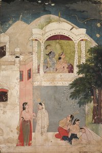 Radha und Krishna auf einem Balkon sitzend