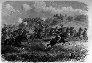 Rothäutige Reiter greifen eine Postkutsche in der Prärie an. Gravur in „Le journal de la jeunesse“ von Unknown artist