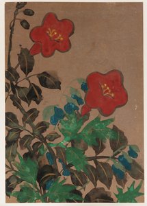 Rote und blaue Blumen und Laub von Unknown artist