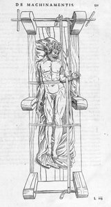 Frakturreduktion: Ein Mann wird auf einer Trage fixiert, sein gebrochener Arm wird zwischen den beiden Achsen gestreckt. Illustrierte Tafel aus „De dissectione partium corporis humani libri tres...“ von Carlo Stefano Riverio, Paris 1545 von Unknown artist