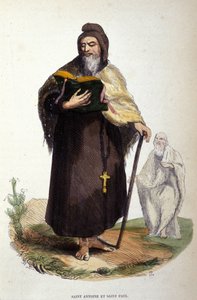 Darstellung von Antonius dem Großen, ägyptischer Anachoret (251 - 356), Gründer des christlichen Eremitentums und Paulus von Theben (er soll Antonius in Thebais vorausgegangen sein). Gravur aus dem 19. Jahrhundert.