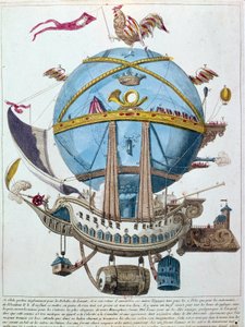 Darstellung einer Reise in einem Ballon, satirische Gravur des 18. Jahrhunderts