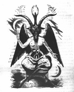 Darstellung des Baphomet: ein Monster mit einem Ziegenkopf und einem Frauenkörper mit alchemistischen Zitaten auf den Armen „solve“ und „coagula“, einem Hermaphroditen zwischen den Beinen und einem Pentagramm auf der Stirn. Der Teufel von Eliphas Levi (Alp