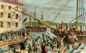 Darstellung der Boston Tea Party: während des Unabhängigkeitskrieges der Vereinigten Staaten: Aufstand amerikanischer Siedler (britischer Herkunft) gegen die vom englischen Parlament auf den Tee und andere Lebensmittel erhobenen Steuern von Unknown artist