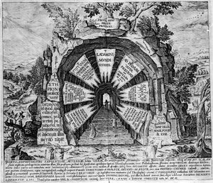 Darstellung des Eingangs des Hauses der Mysterien, symbolisch für das ewige Leben. Gravur des „Amphitheatrum sapientiae aeternae“. von Unknown artist