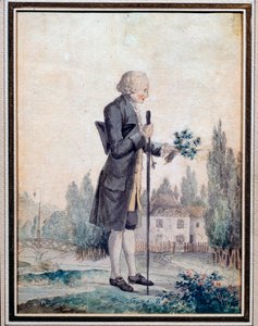 Darstellung des Philosophen Jean Jacques Rousseau (1712-1778), der in Ermenonville Blumen pflückt. Aquarell des 18. Jahrhunderts