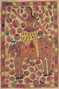 Reiter und vierbeiniges Rind mit Rand aus bunten Quadraten von Unknown artist