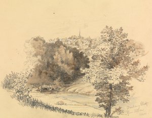 Flusslandschaft mit Stadt in der Ferne