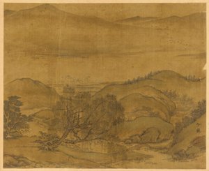 Flusslandschaft: eine Weide und andere Bäume, sanfte Hügel und eine hohe Bergkette von Unknown artist