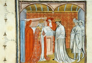 Robert II. der Fromme (ca. 972-1031) - Buchmalerei auf Pergament aus dem Mittelalter „Große Chroniken von Saint-Denis“ Ende des 14. Jahrhunderts (ref. 512