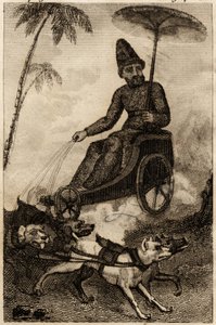 Robinson Crusoe auf seinem von sechs Hunden gezogenen Wagen, Gravur eingefügt in „Les aventures de Robinson Crusoe“ von Daniel Defoe von Unknown artist