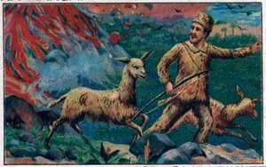 Robinson entkommt einer Vulkanausbruch. Illustration für das Buch von Daniel Defoe „Robinson Crusoe“. Chromolithographie aus dem späten 19. Jahrhundert.