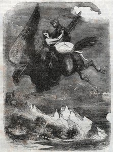 Roger und Angelique auf dem Hippogreif - Gravur von 1851 aus „Roland furieux“ (Orlando furioso) (16. Jahrhundert) von Ludovico Ariosto, bekannt als Ariosto - Ausgabe übersetzt aus dem Italienischen von Graf von Tressan und veröffentlicht von Gustave Harvar von Unknown artist