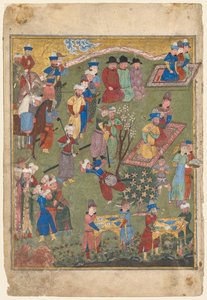 Königlicher Empfang in einer Landschaft, linkes Folio aus dem Doppel-Frontispiz eines Shahnama (Buch der Könige) von Firdausi (Persisch, ca. 940–1019 oder 1025) von Unknown artist
