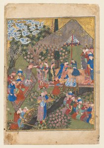 Königlicher Empfang in einer Landschaft, rechtes Folioblatt aus dem doppelten Frontispiz eines Shahnama (Buch der Könige) von Firdausi (Persisch, ca. 940–1019 oder 1025) (verso) von Unknown artist